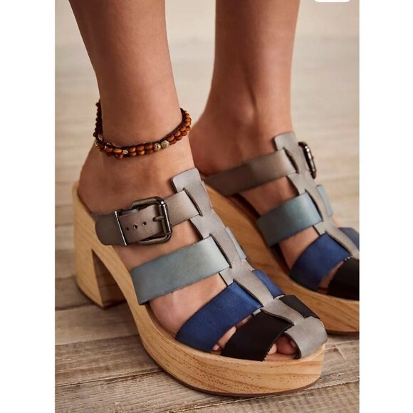 Free People Bellevue  Clogs Leather Wood Fisherman Sandals Slides 11 River - Picture 4 of 12